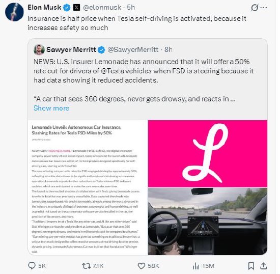 美保险商宣布为特斯拉降保费，马斯克回应：F